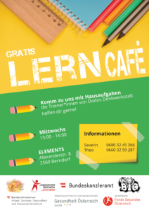 Einladung zum gratis Lerncafé von Dodos Denkwerkstatt in Kooperation mit der Jugendinitiative Triestingtal. Das Lerncafé findet jeden Mittwoch von 15:00 bis 16:00 in der Alexanderstraße 8, 2560 Berndorf statt.